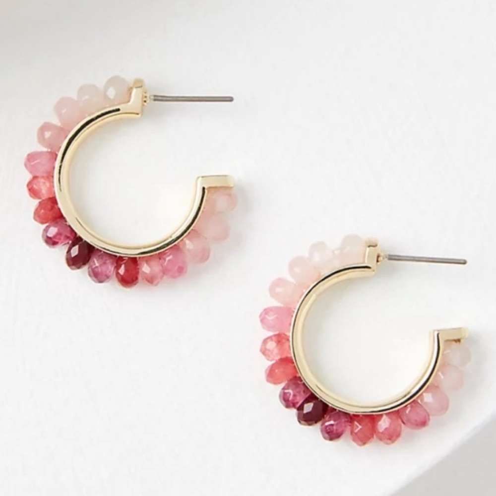 🆕 LOFT Beaded Small Hoop Earrings in Rich Carmine Pink NWT New!